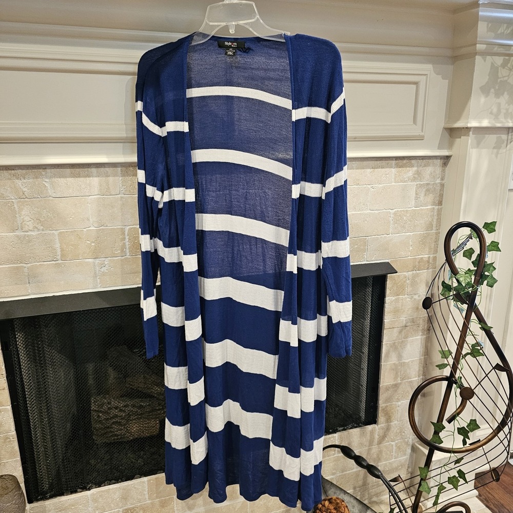 Style & Co Duster Long Cardigan Blue White Womens 2XL